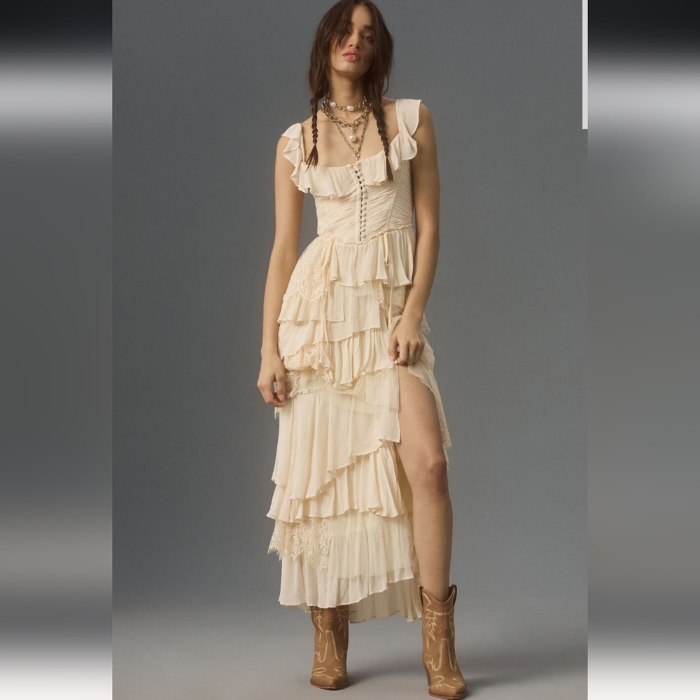 Anthropologie Cream Tiered Ruffle Maxi Dress